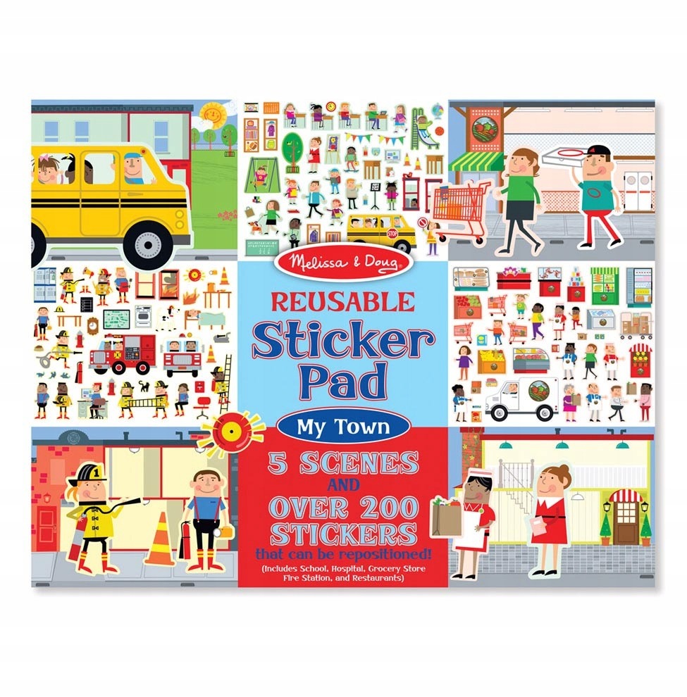 Melissa & Doug – opakovane použiteľné nálepky s 5 podložkami Mesto, 200 ks