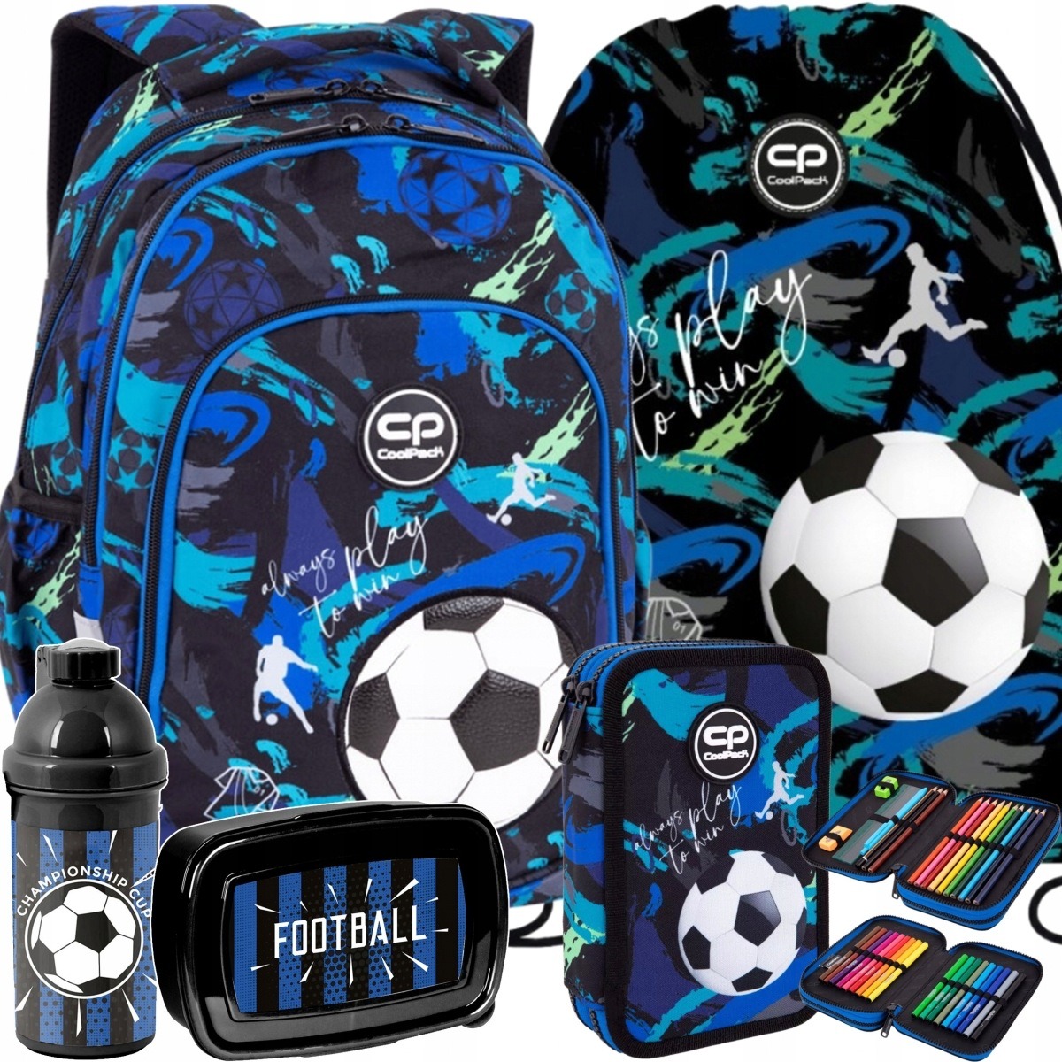 CoolPack Prime Football Navy školský set 5v1 pre chlapcov – batoh, peračník, taška, fľaša a box na desiatu