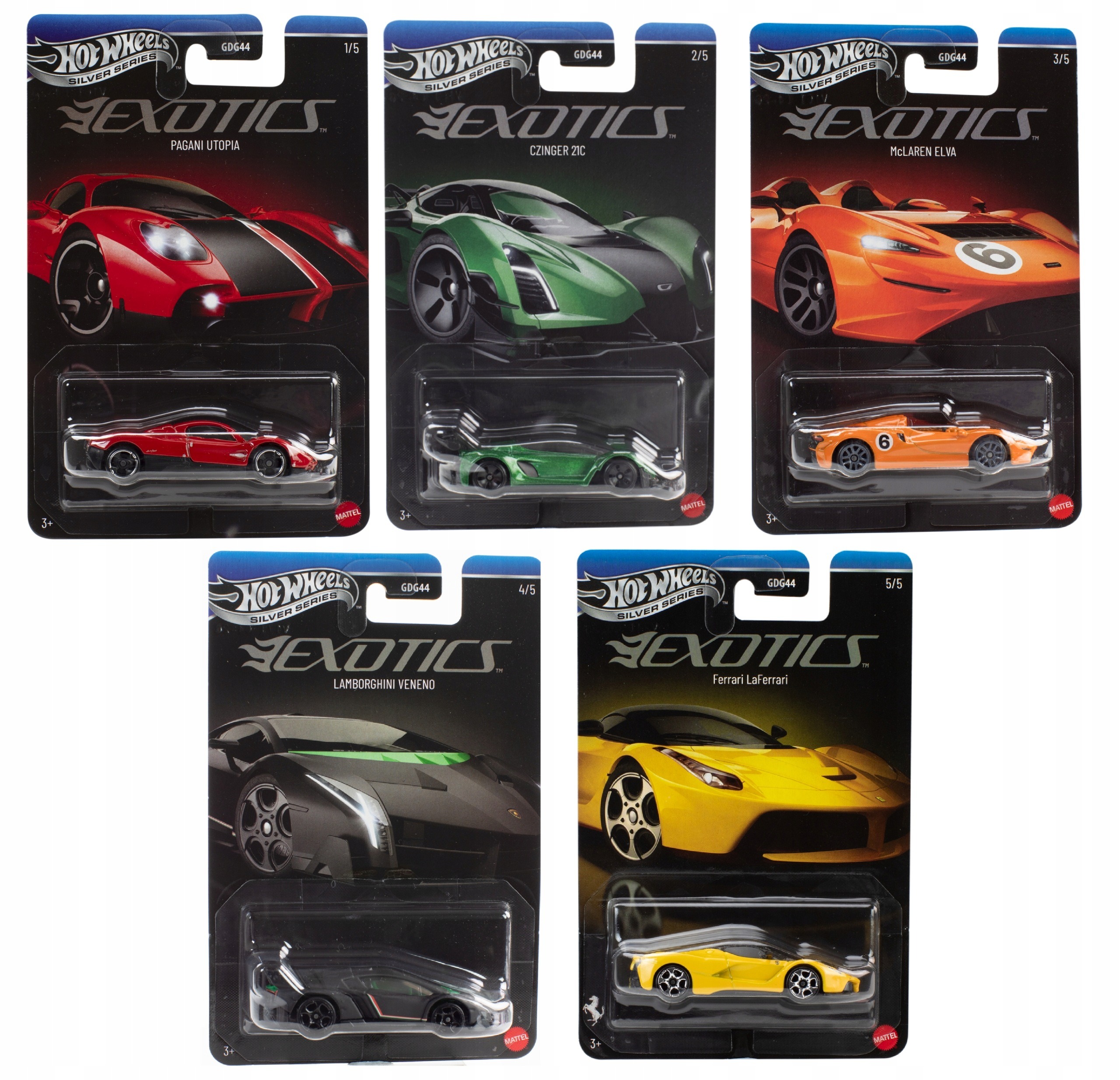 Hot Wheels Silver Series Exotics GDG44 sada 5 kovových áut – Pagani Utopia, Czinger 21C, McLaren Elva, Lamborghini Veneno, Ferrari LaFerrari