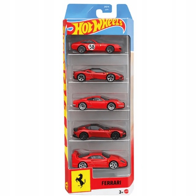Hot Wheels Ferrari 5-pack JLN12 – sada 5 červených modelov áut Ferrari pre zberateľov