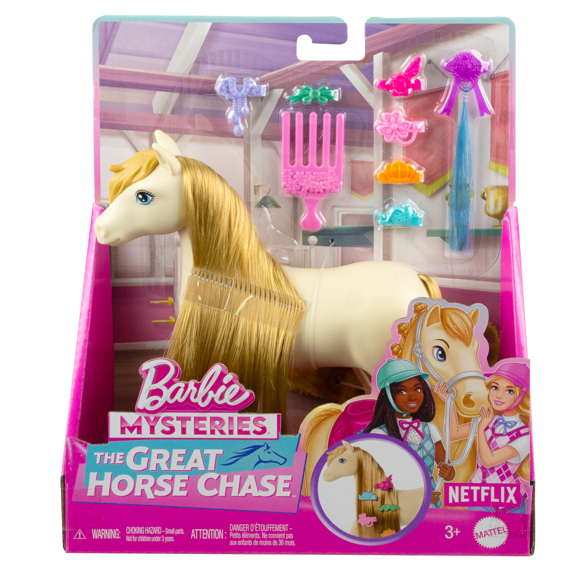 Barbie Tornádo Styling Poník s dlhou hrivou na česanie a hranie, hračkársky kôň pre deti inšpirovaný sériou Barbie Mysteries, HXJ36 HXJ36