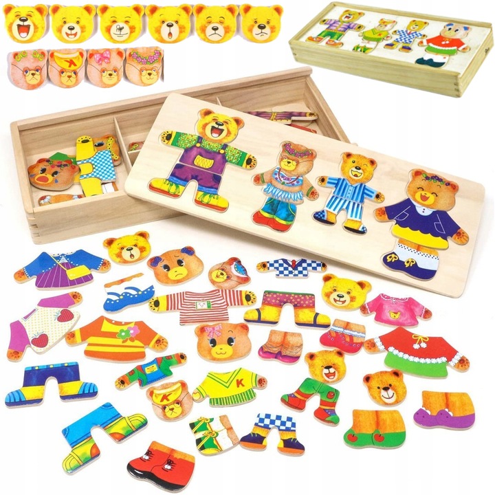 Drevená skladačka - Drevená krabica puzzle, kocky, medvedíky 2210