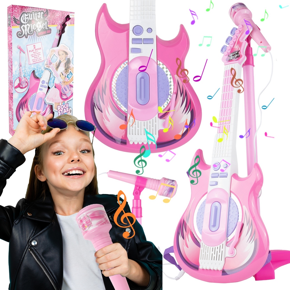 Detský hudobný nástroj - ROCKOVÁ ELEKTRICKÁ GITARA S MIKROFÓNOM NA KARAOKE STÁNKU PRE DETI