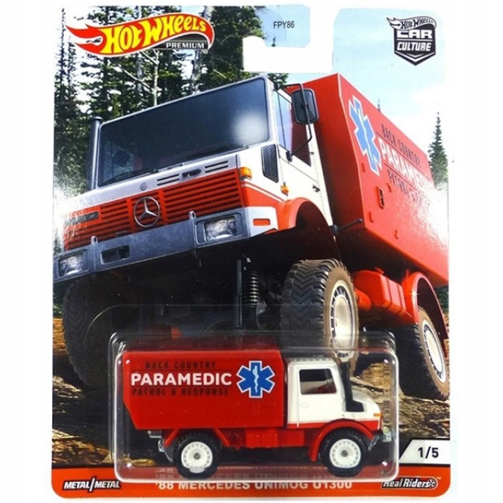 Autíčko pre deti - Hot Wheels Premium Car Culture Ambulance '88 Mercedes Unimog U1300 1/5