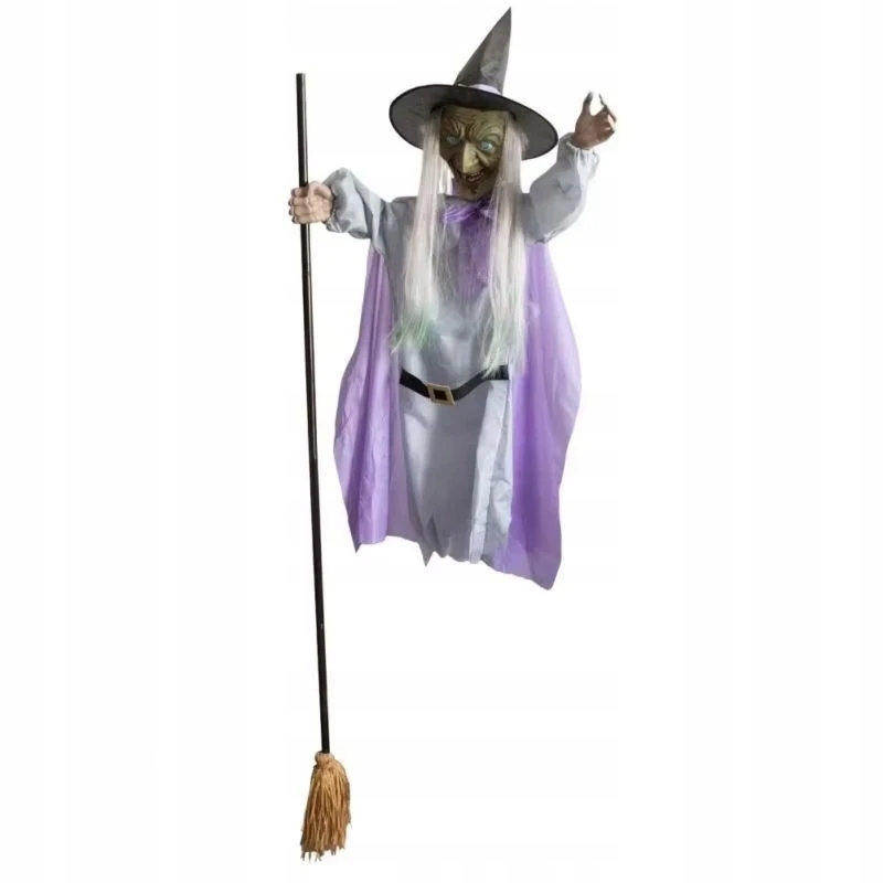 Halloween lietajúca čarodejnica zdobí veľké čarodejnícke rekvizity