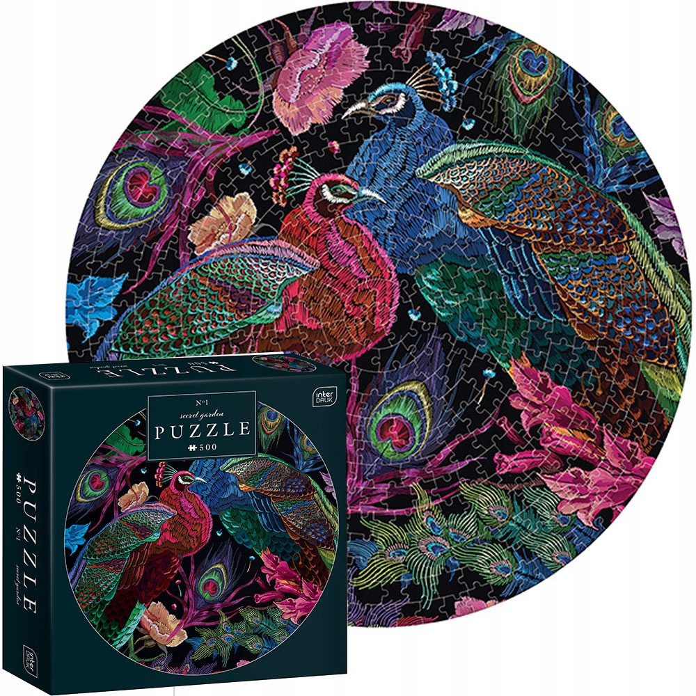 Klasické puzzle - INTERDRUK PUZZLE 500 ks KRUHÉ ZÁHRADNÉ VTÁKY PÁV OBRÁZOK priemer 63cm