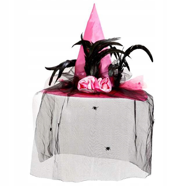 Kostým, maska - Halloween klobúk čarodejnícka ružová pavúk závoj