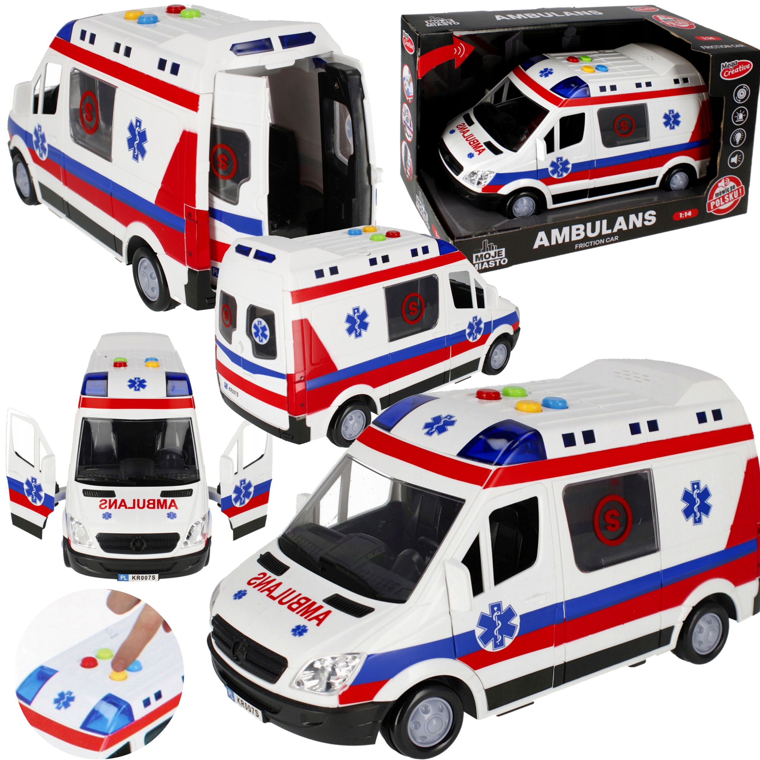 Detská sanitka - Ambulancia Ambulancia hovorí poľštinu, pohony ťahov a chrbta žiaria.