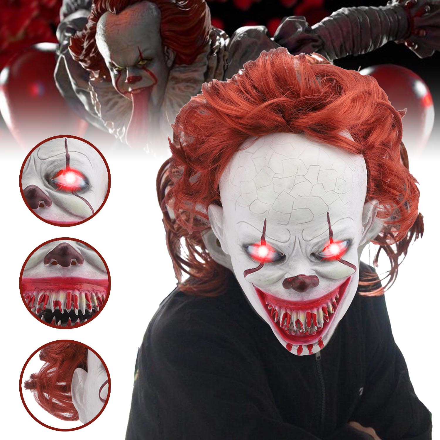 KLAUNOVÁ MASKA S LED, rekvizitami COSPLAY JOKER KOSTÝM NA HALLOWEEN