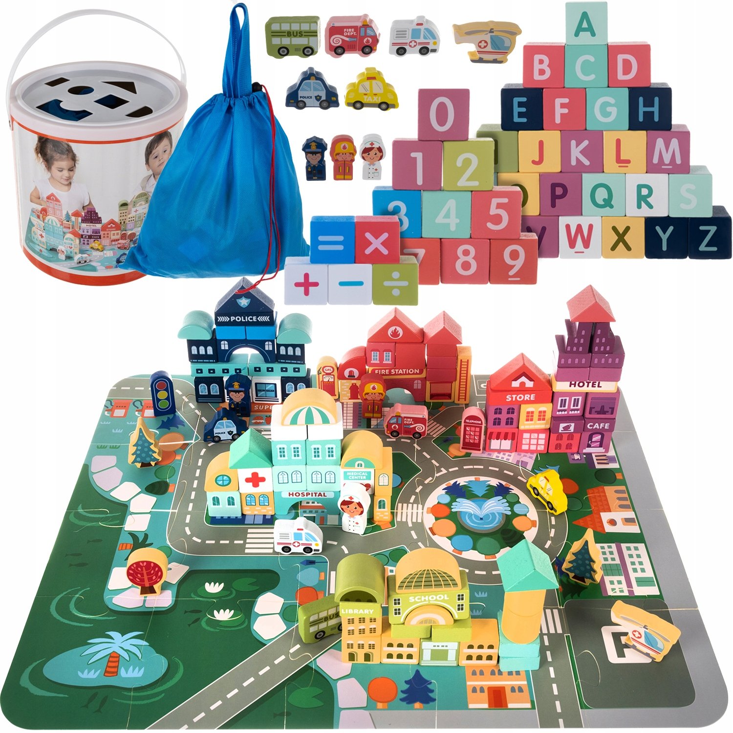 Drevená skladačka - Drevené bloky mestských automobilov 100ks triedič puzzle