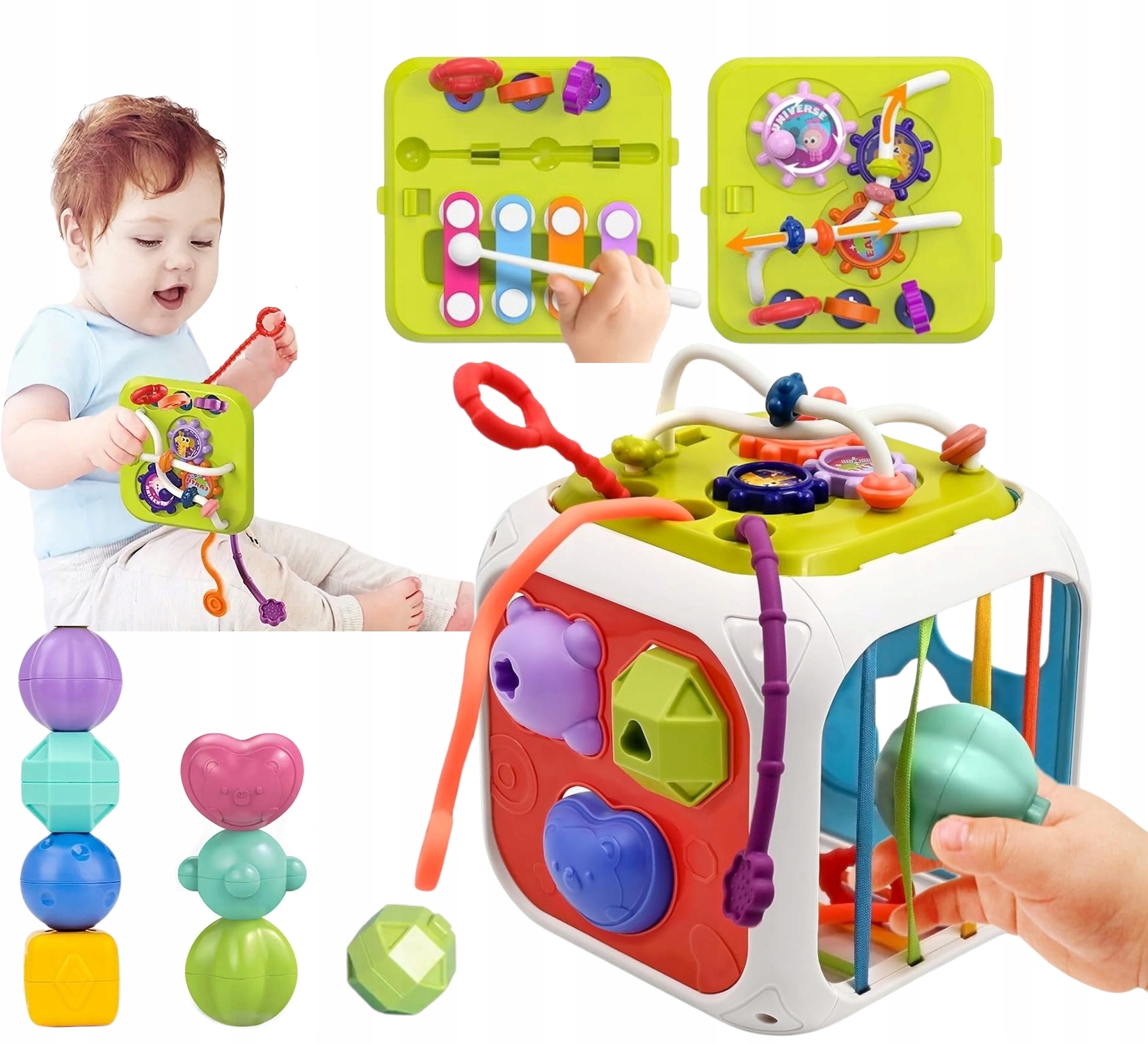 Triedička - Senzorické kockové triedič Montessori 7in1 blokuje činely