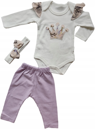 Detský komplet - Dieťa set onno baby 62 béžová, biela, fialová 3 ks.