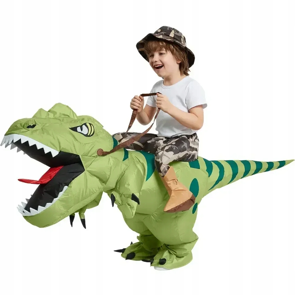 Vtipný nafukovací kostým na jazdu so zeleným dinosaurom
