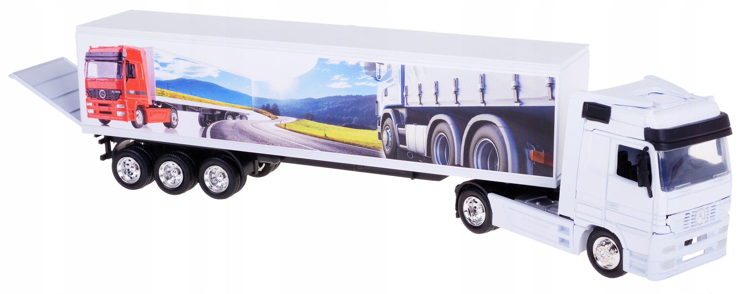 MERCEDES-BENZ ACTROS KOVOVÝ NÁKLADNÝ VOZIDLO S NÁKLADOM 1:43 BIELY
