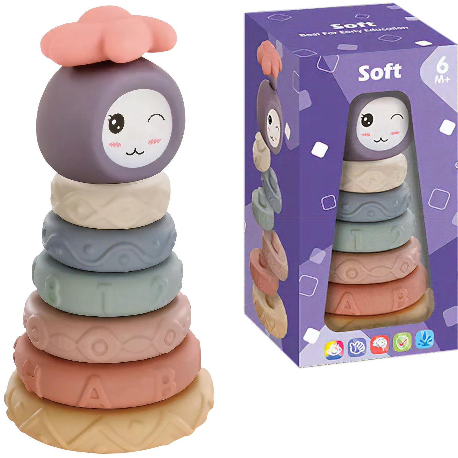 Senzorická hračka - Mäkké senzorické bloky farebná pyramídová puzzle veža 8 diskov 20 cm