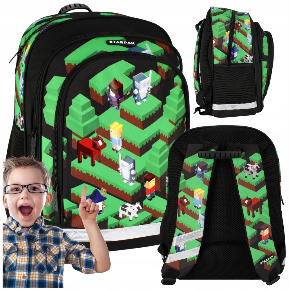 Batoh Minecraft pre chlapcov do školy: 3 priehradky, reflexné prvky, úchop