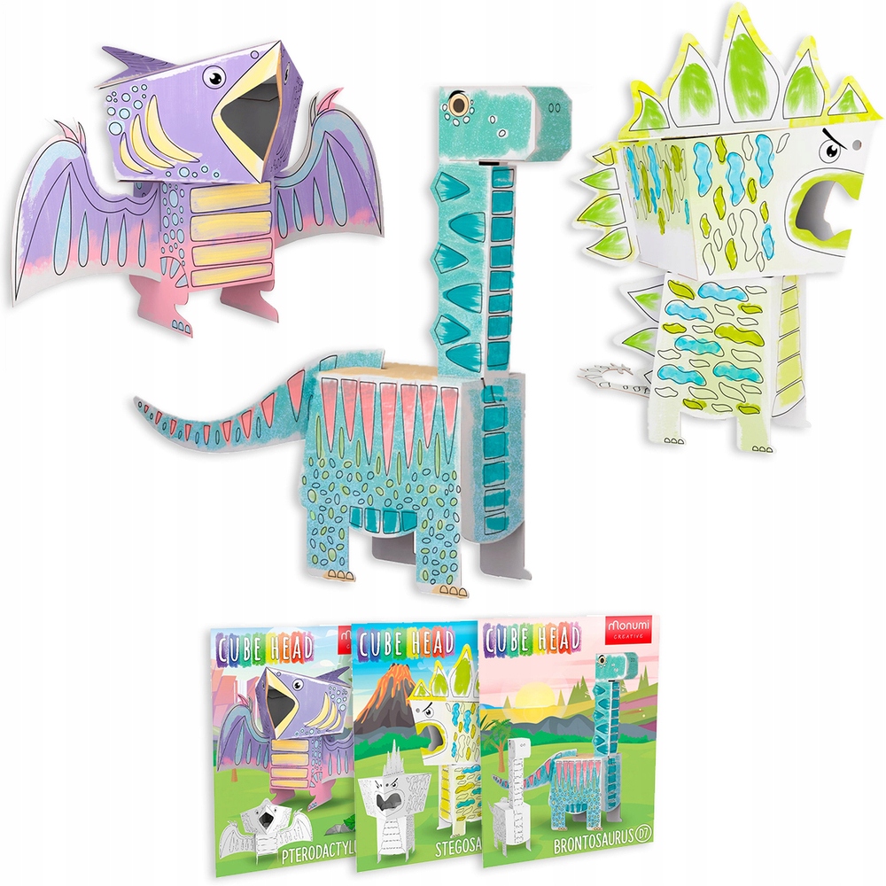 Hračka z kartónu - Monumi Cube Head Dino Set - Pterodactyl, Brontegosaurus, Stegosaurus