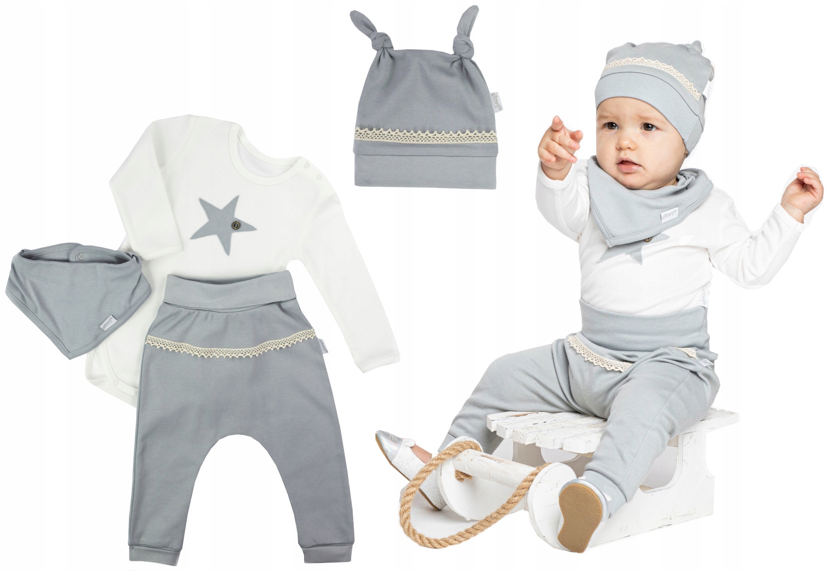 Detský komplet - Baby Set Nikol 86 ECRU, modrá, šedá 5 ks.