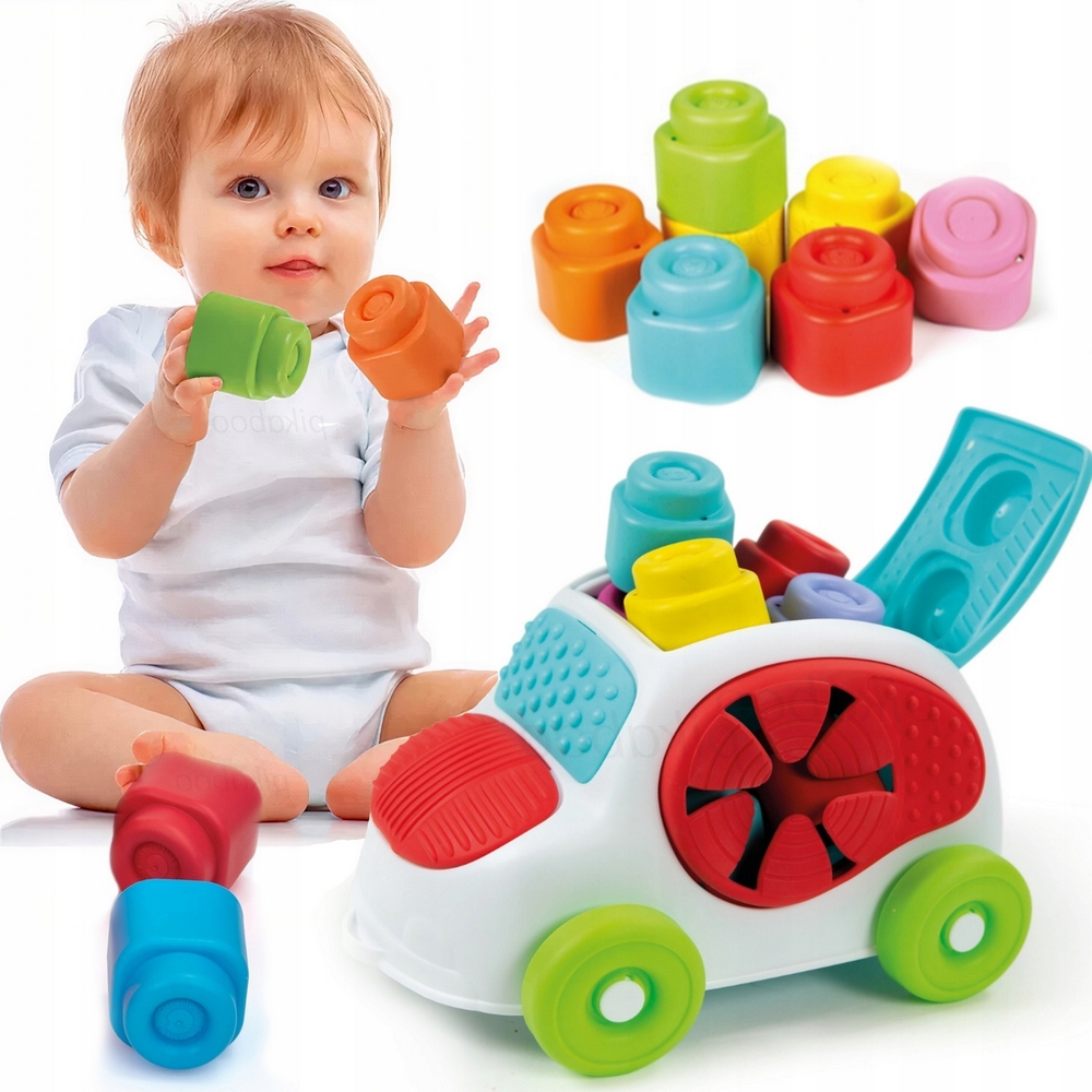 Penové bloky, puzzle - Darček na jeden rok veľké senzorické auto + sada mäkkých gumových blokov