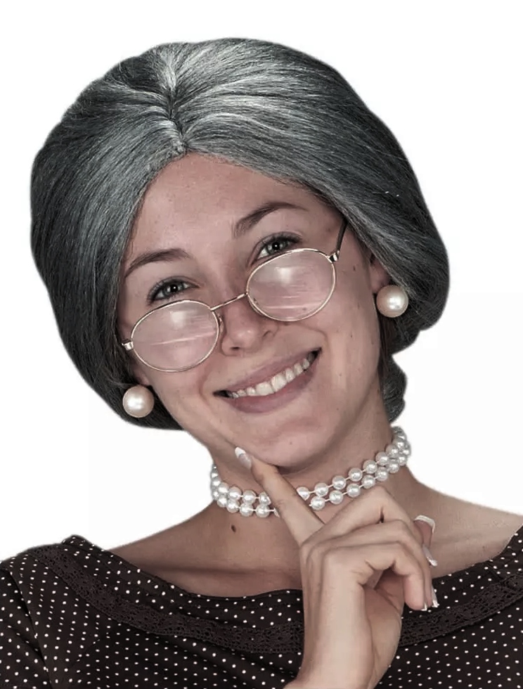 Kostým, maska - Babička parochňa sivá s buchtou + okuliare + perly