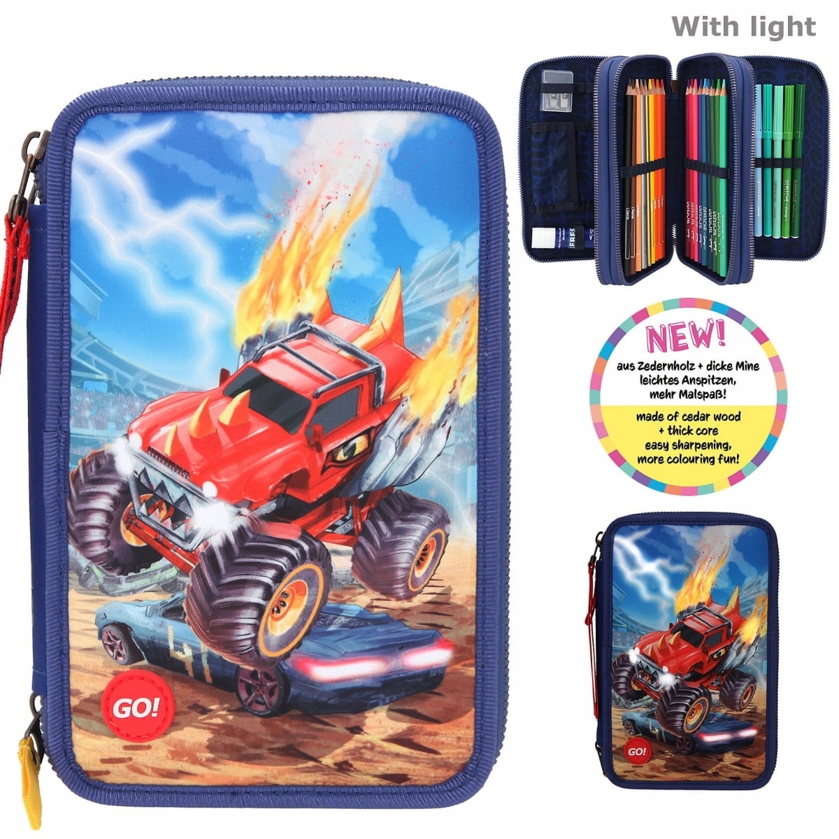 Školský peračník - Puzdro na trojnásobnú ceruzku s vybavením LED Monster Cars