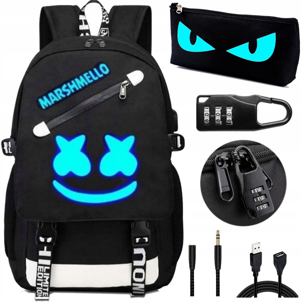 Marshmello Multi -Chamber School Backpack, batoh USB School, Blue Shades