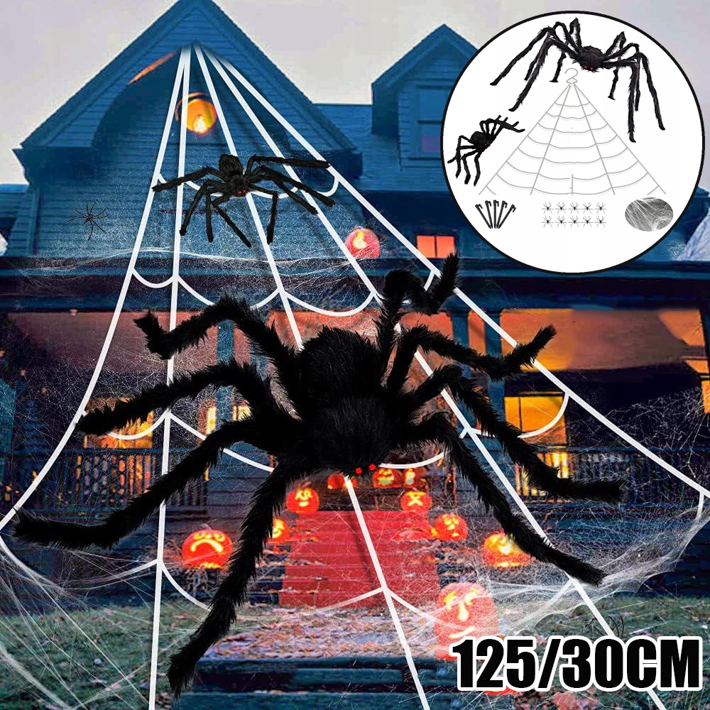 SIEŤ NA HALLOWEENSKÉ PAVÚKY, DEKORAČNÁ SÚPRAVA, 125 CM CHLUPATÝ PAVÚK