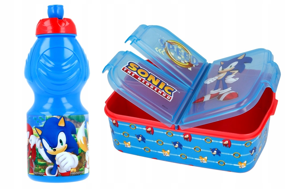 Detský desiatový box, fľaša - SONIC Raňajkové vrecúško 3 komory + fľaša na vodu THE JEDGEHOG