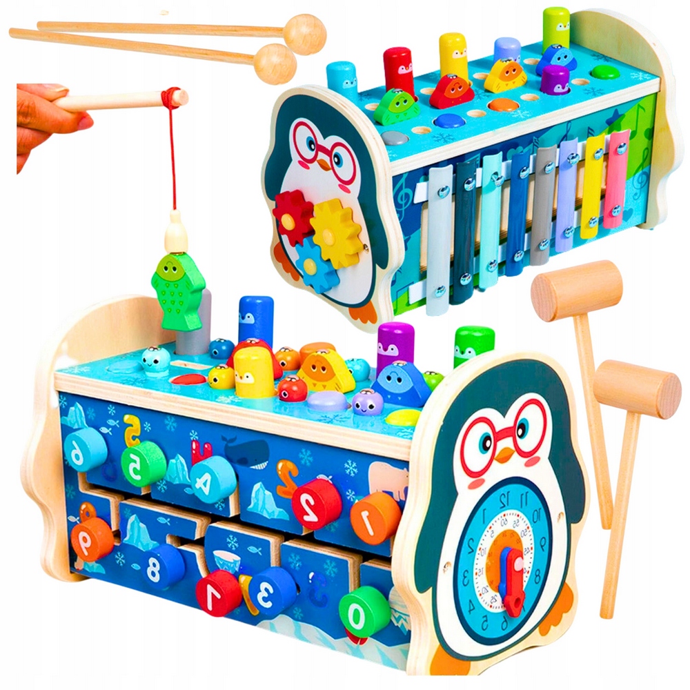 Triedička - Sorter Drevená kocka hrá kladivové puzzle bloky Montessori Penguin 7in1