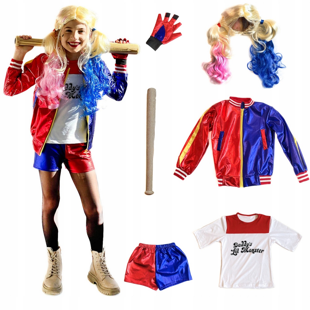 Kostým pre dievča - Harley Quinn Peruka Stick Stick 6 prvkov 4-6L