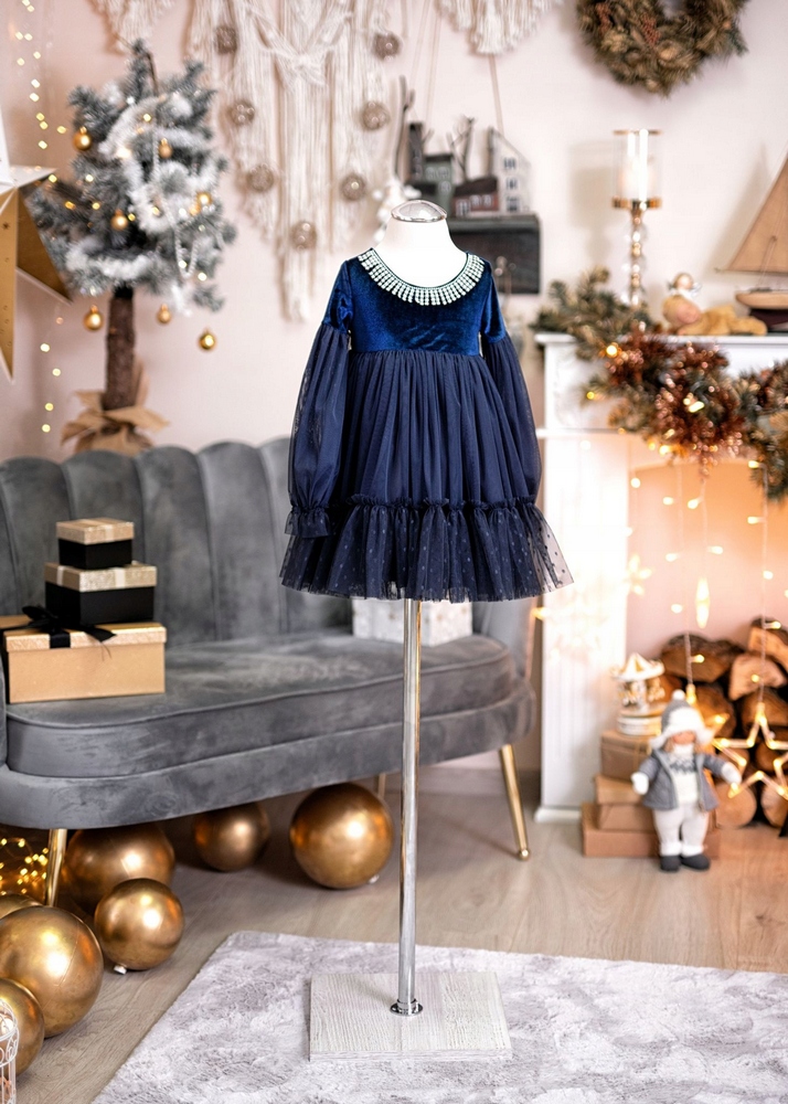 Dievčenské šaty - Dievčenské šaty, Velor, Navy Blue, Vianoce