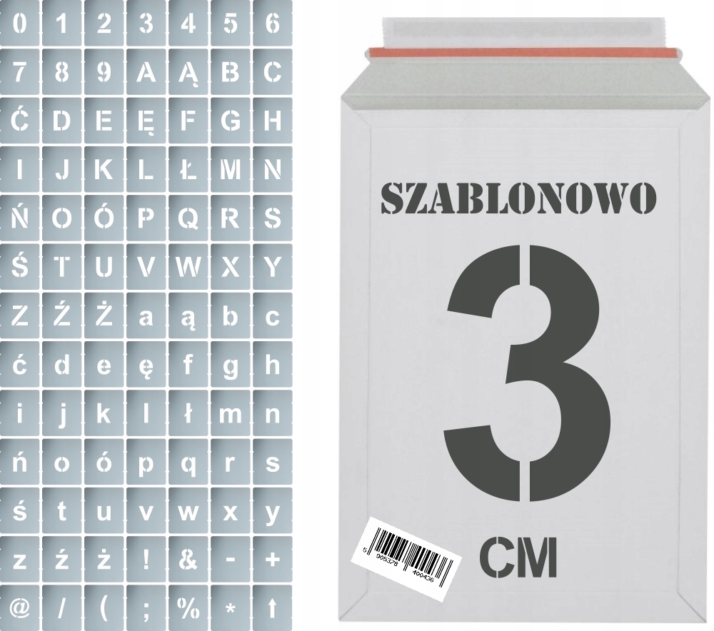 Šablová šablóna, dolné písmená, veľká a číslica výška 3 cm 2 x 3 cm