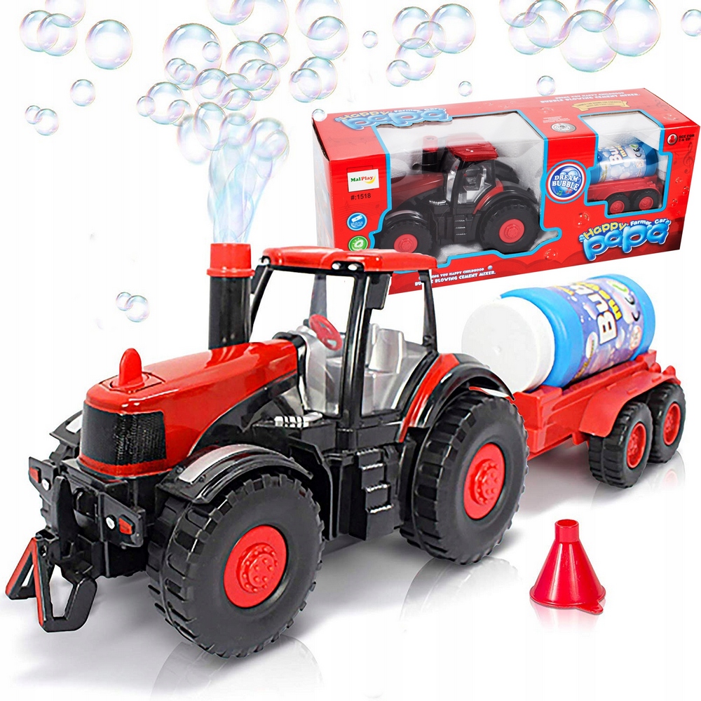 Traktor pre deti - Farmárový traktor ide a uvoľňuje mydlové bubliny z komína s prívesom