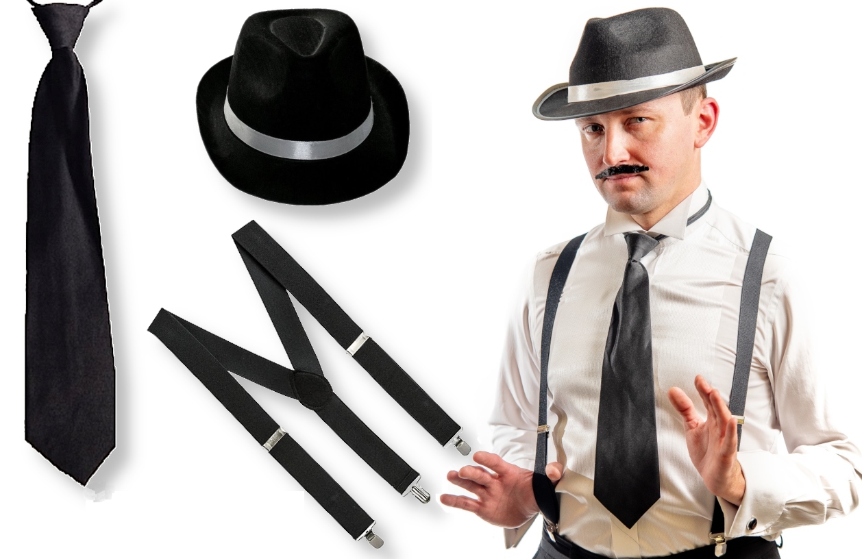 Kostým, maska - Gangster set čierne rovnátka klobúk 20 '