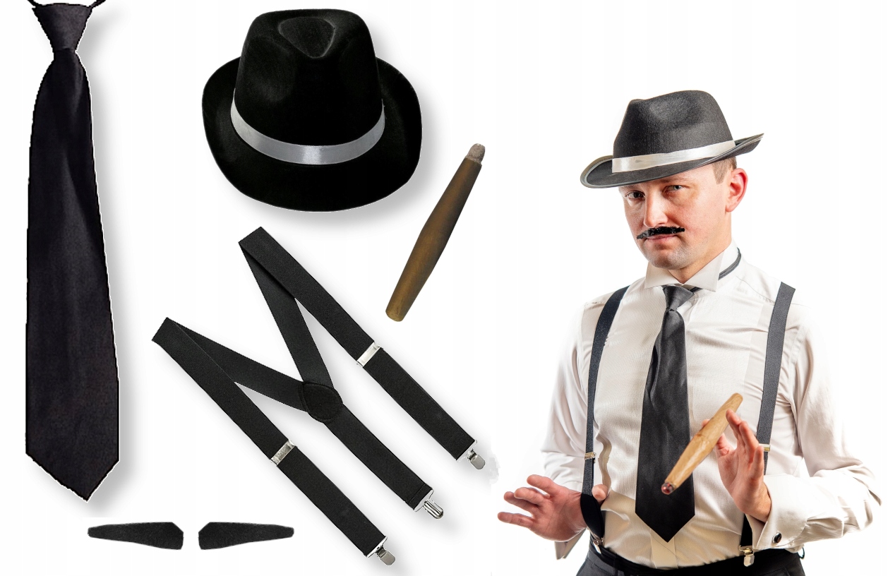 Kostým, maska - Gangster sada rovnátvica klobúk cigareta