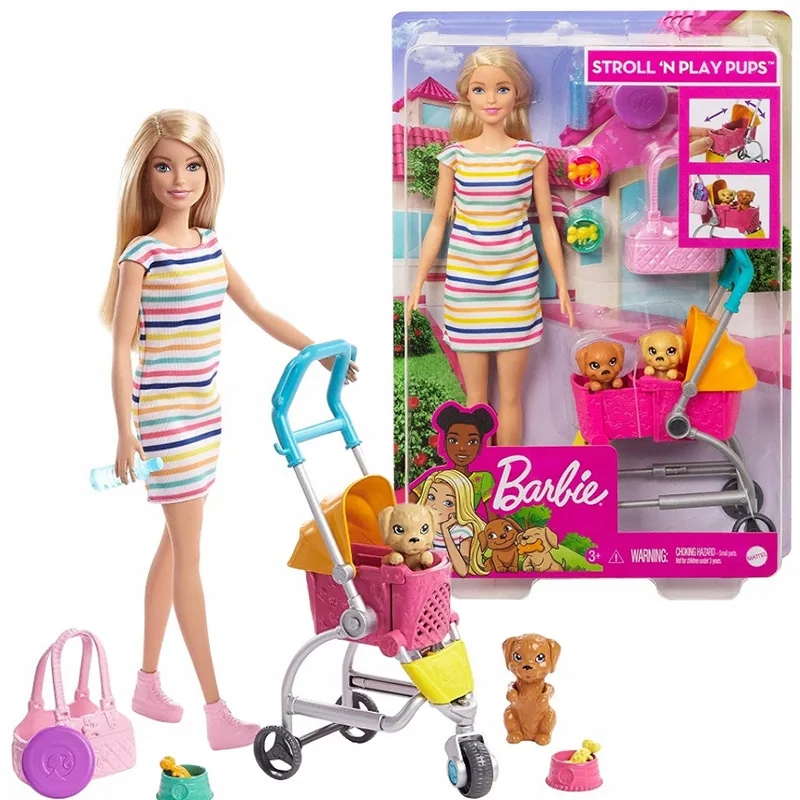 Barbie Doll Farbysitter a kočík so psami