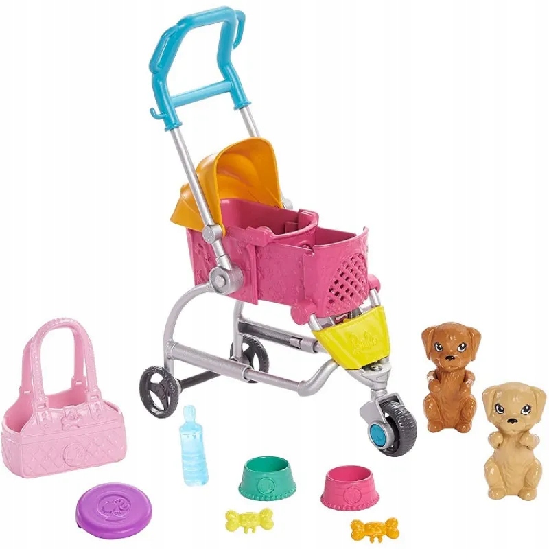 Barbie Doll Farbysitter a kočík so psami