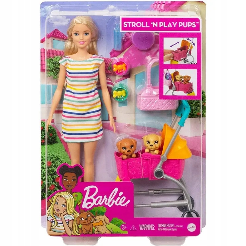 Barbie Doll Farbysitter a kočík so psami