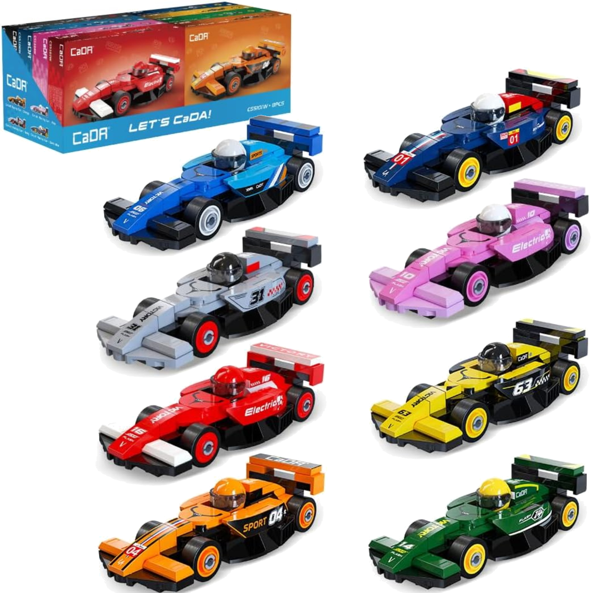 Stavebnica CaDA súprava ôsmich pretekárskych áut Circuit Racing Car, 560 dielikov