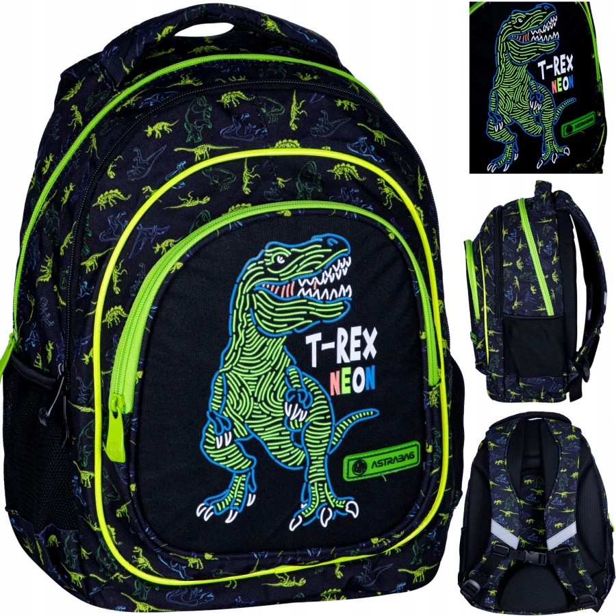 AstraBag Školský Batoh AB330 T-Rex Neon - Ideálny pre Malých Fanúšikov Dinosaurov