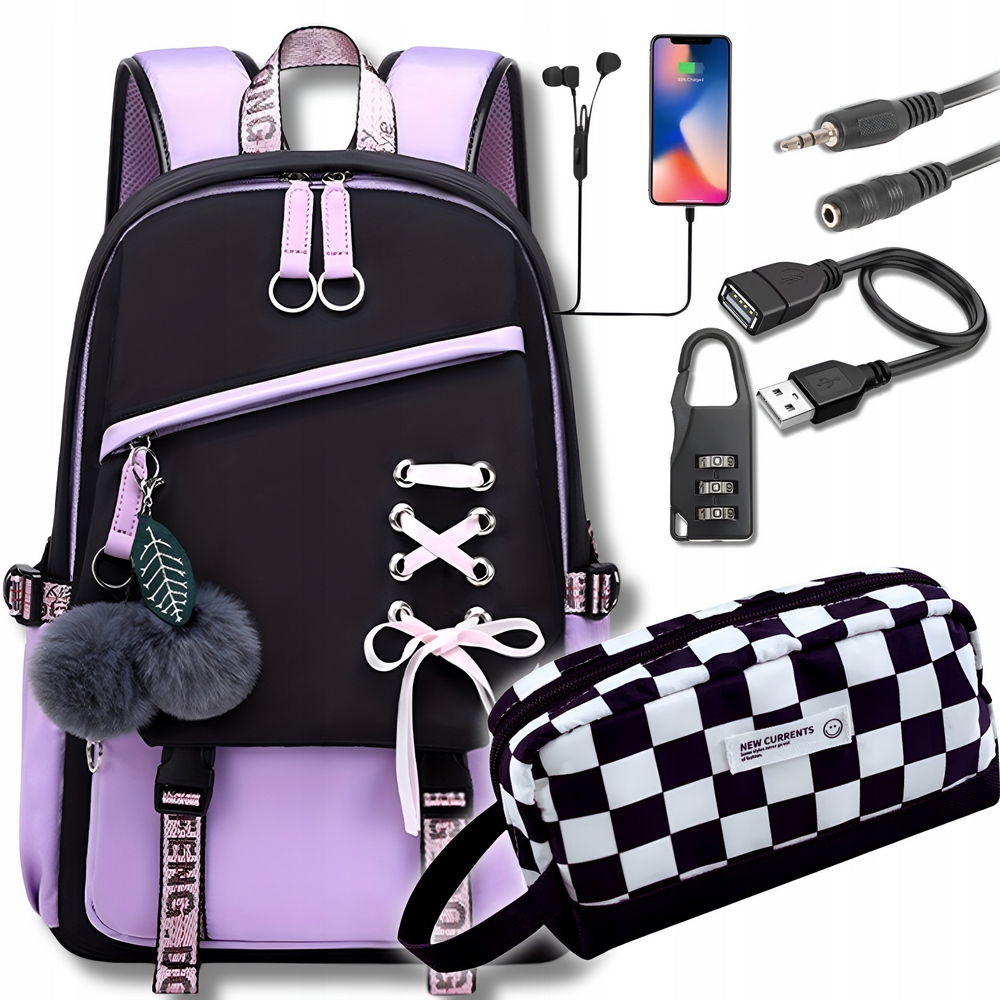 Multifunkčný školský batoh s USB portom a poťahmi - trendy set 6v1
